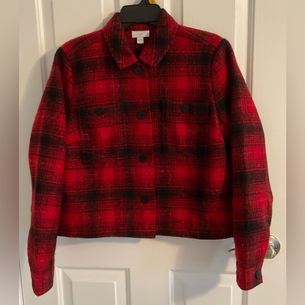 J. Jill Red and Black Plaid Utility Jacket/Barn Coat/Blazer